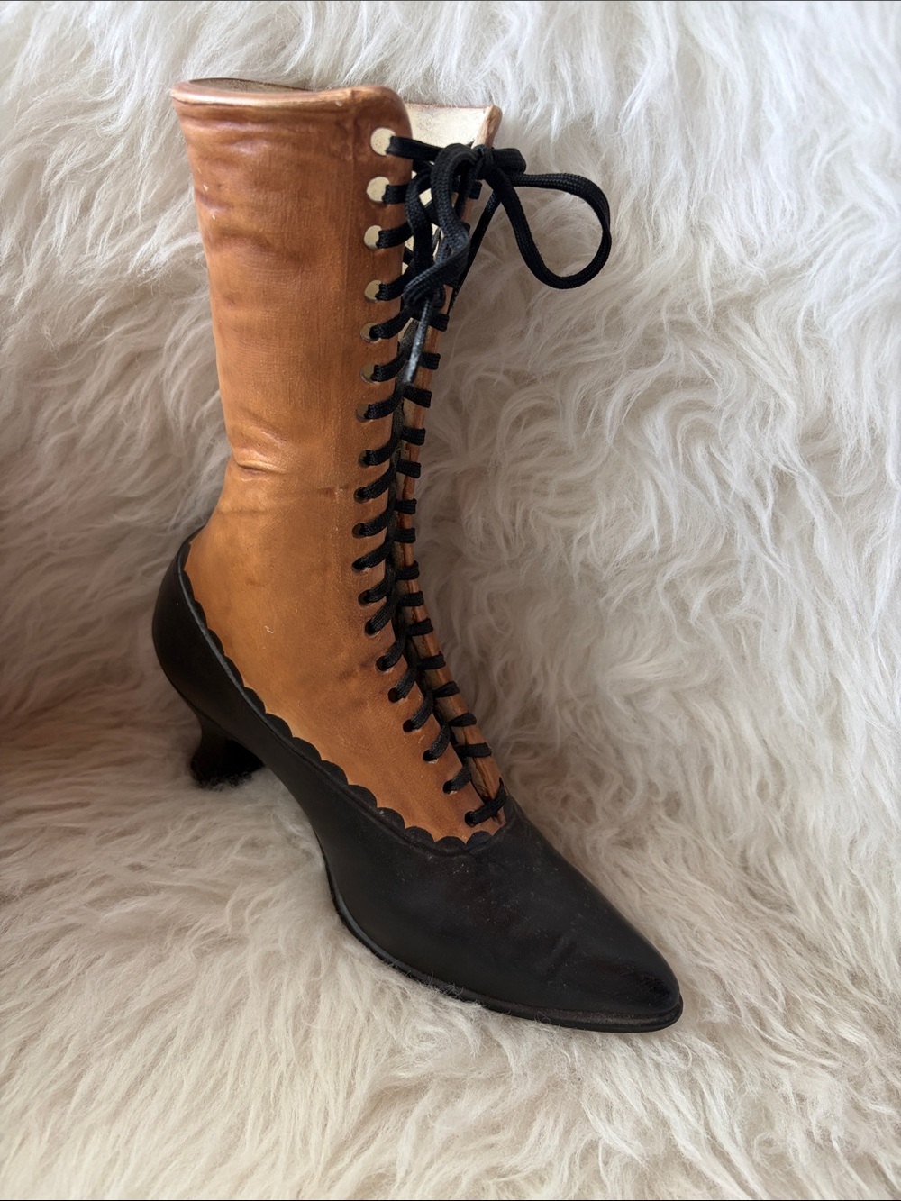 Vintage Ceramic Women’s Two-Tone Lace-Up Victorian Boot Black & Tan Statue